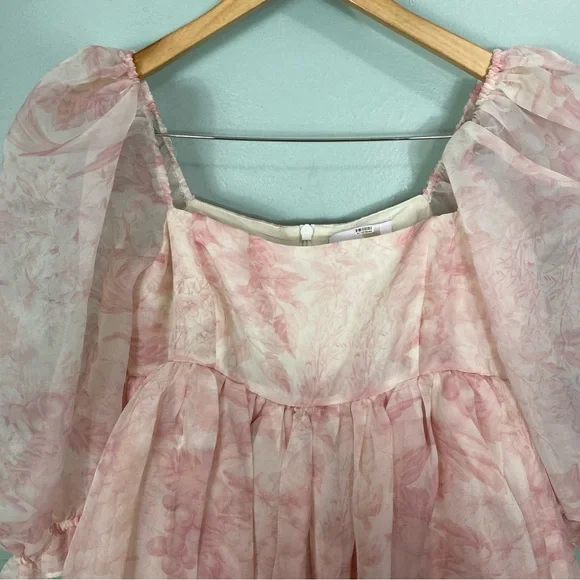 Selkie Puff Sleeve Organza Mini Babydoll Dress Pink Floral 2X - Picture 5 of 11
